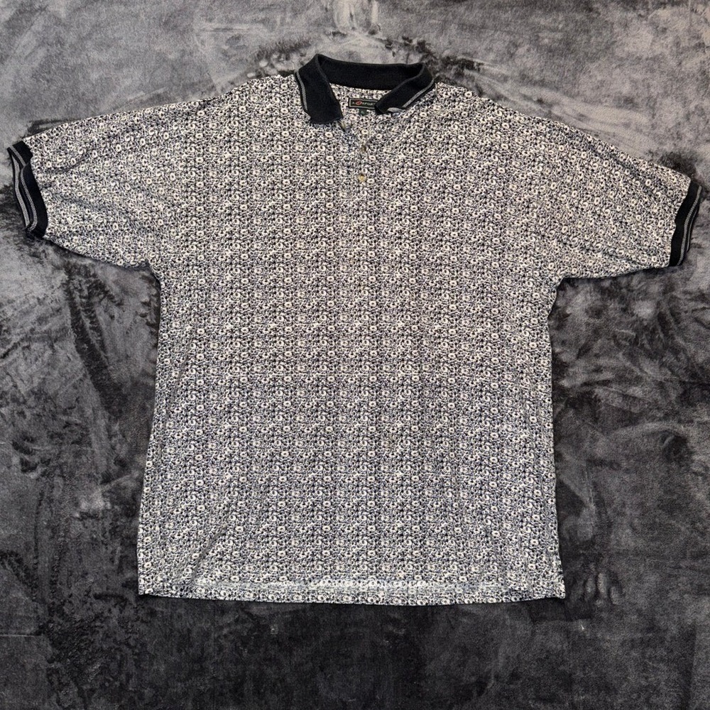 A. Sport Mens XL Polo‎ Shirt Black Blue Geometric Abstract Print 100% Cotton